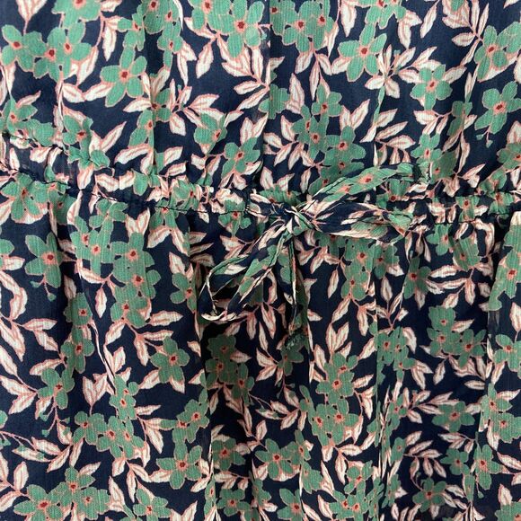 Dip Tiered Midi Dress Size M Green & Blue Floral Tasseled Long Sheer Sleeves - Picture 4 of 9